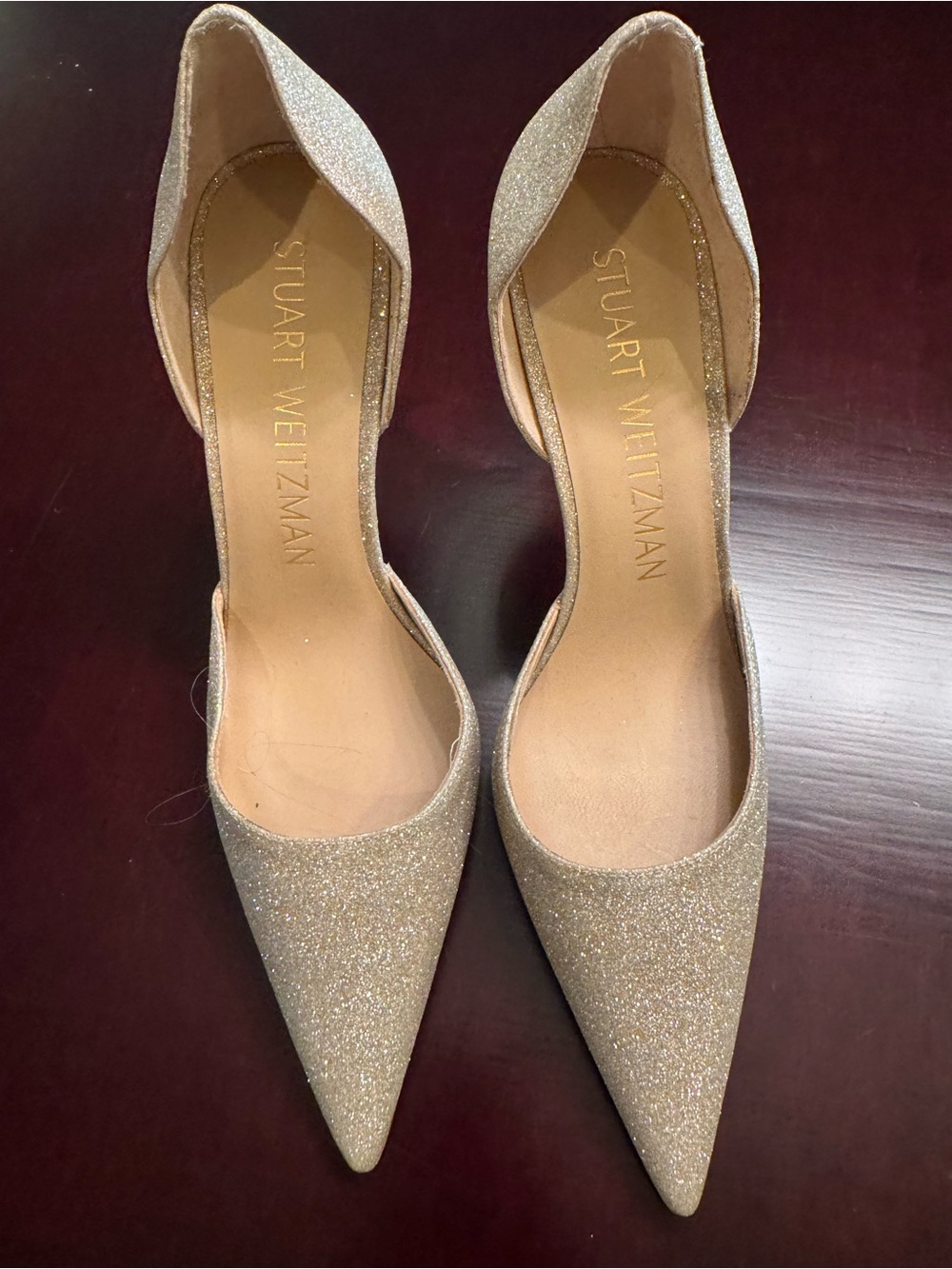Stuart Weitzman Champagne Glitter Pointed-Toe D'Orsay Pumps